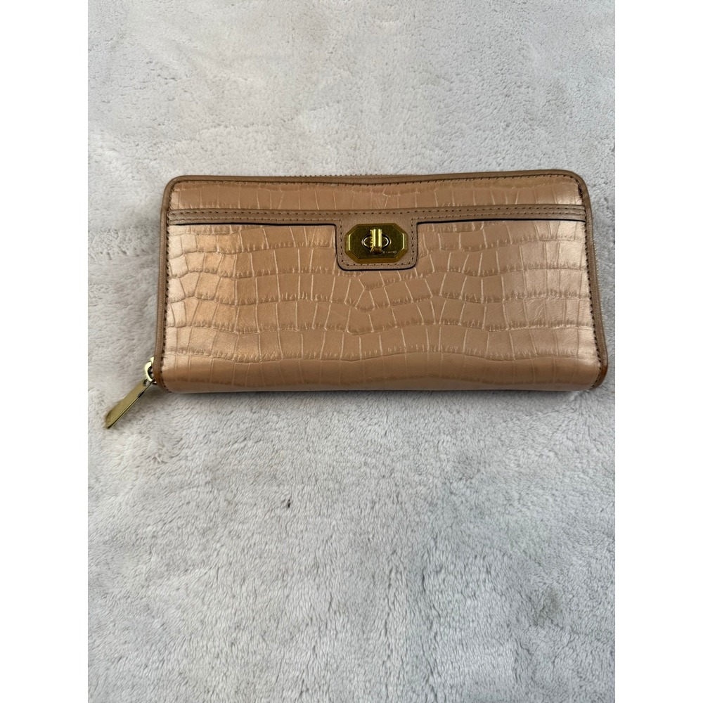 COACH Croc Embossed Leather Zip Around Wallet Organizer‎ Tan Gold